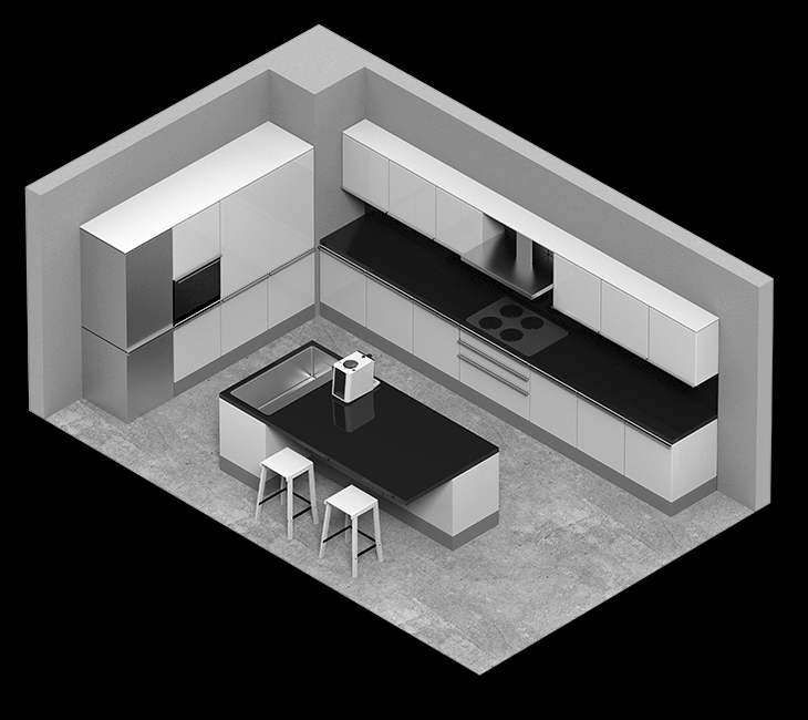 a gif showing where every step of coffee preparation is located in a kitchen