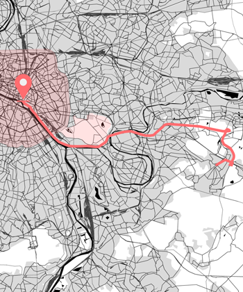 a map of paris with the route taken by the commuting parties