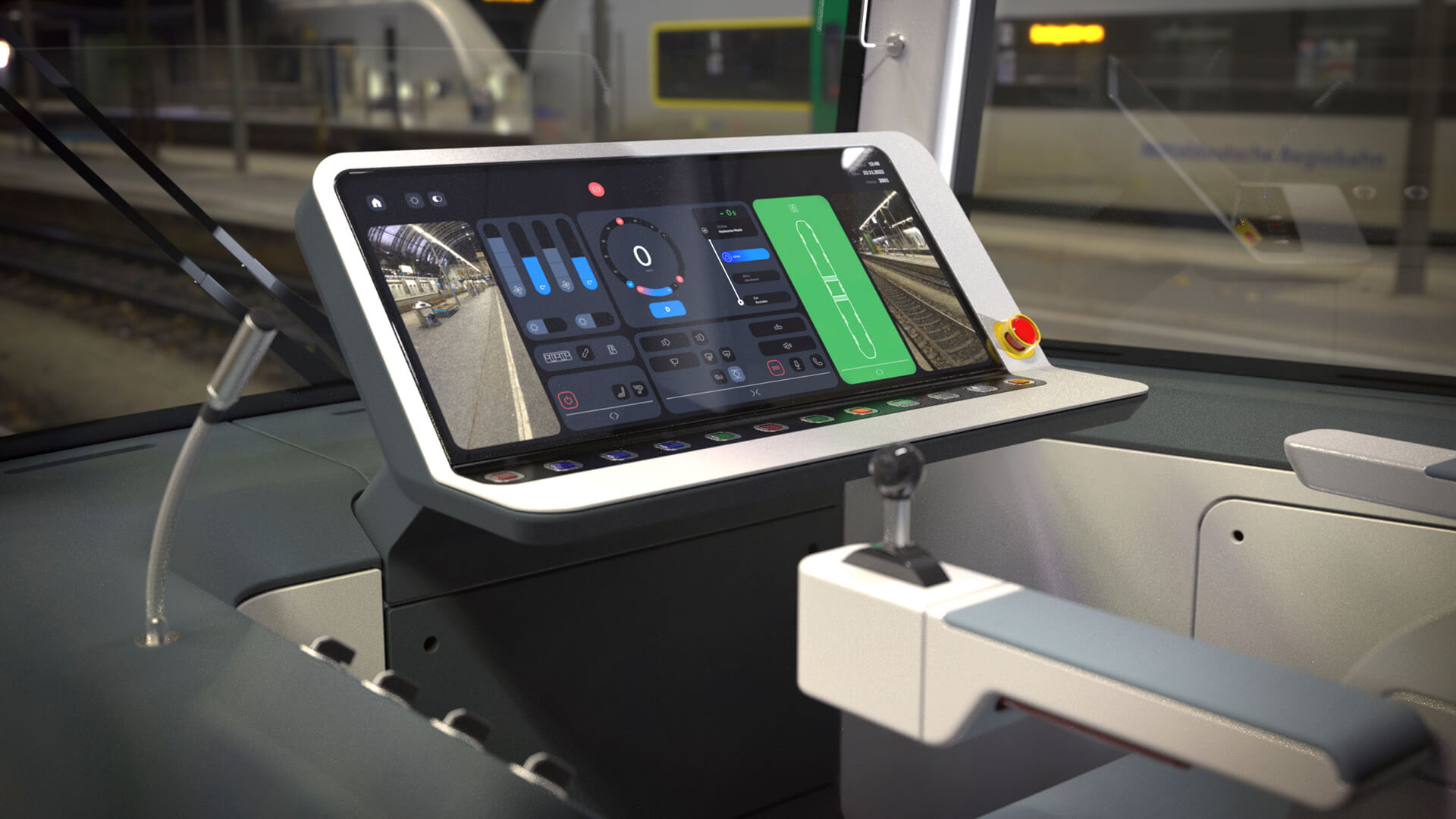 A rendered view of the cockpit and digital interface, displaying the dashboard in dark mode.
