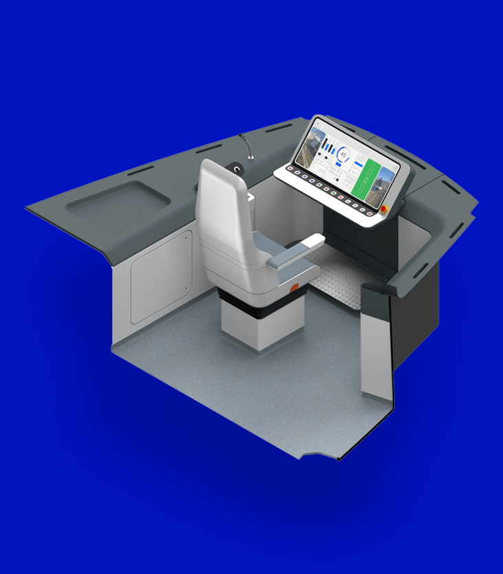 An isometric rendering of a drivers cab with the digital interface visible
