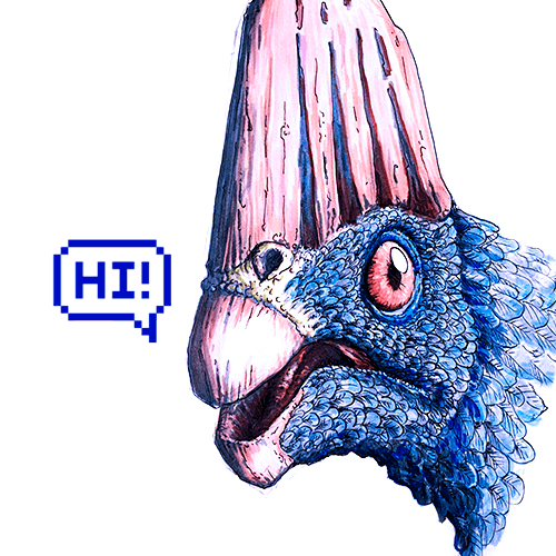 An illustration of a blue feathered corythoraptor that says hi!