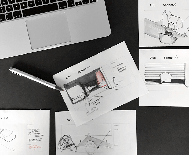 multiple storyboard sketches showing separate scenes of the animation above